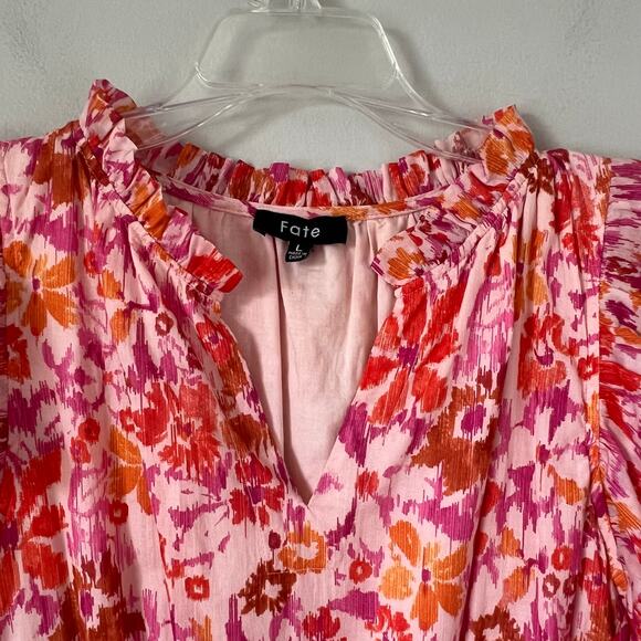 FATE Women's Pink Floral Tiered Mini Dress Ruffles Sz L V-Neck Lined Boho Event - Picture 4 of 11
